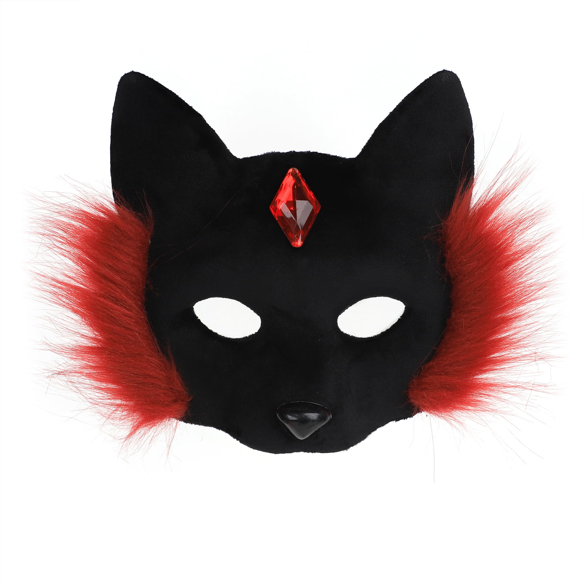 TINAYAUE Cute Fox Mask Half Face Cat Mask with Furry Hem and Red Gem Faux Fur Animal Cosplay Masquerade Halloween Christmas Mardi Gras Fancy Dress Party Costume Props for Women (Red-Black)