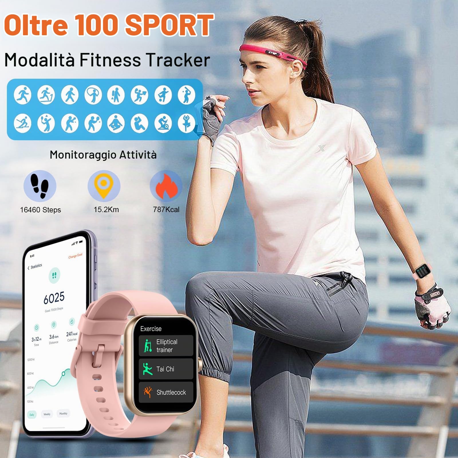 Fempoin Smartwatch Uomo Donna, 1.96" Orologio Smartwatch con Effettua/Risposta Chiamate, 100+ Sportive Fitness Tracker con Cardiofrequenzimetro Sonno Contapassi, Impermeabil IP68 Smart Watch Oro Rosa