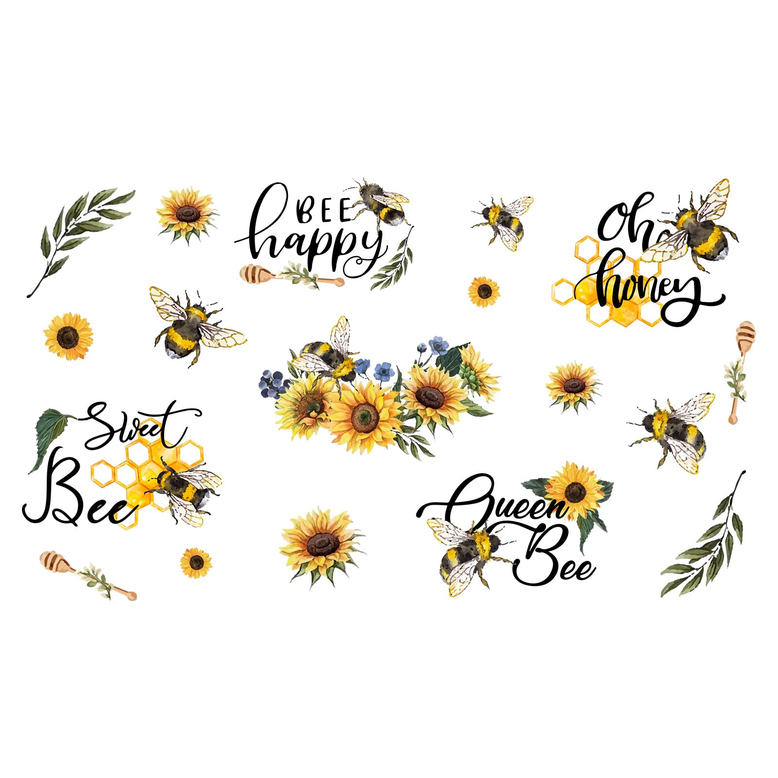 SUPERDANT Bee Sunflower Wall Stickers Bee Happy Wall Decals Inspirational Text Removable Mural Decals Insect Flower Window Clings for Kid's Room Fridge Nursery Playground Room Decorations