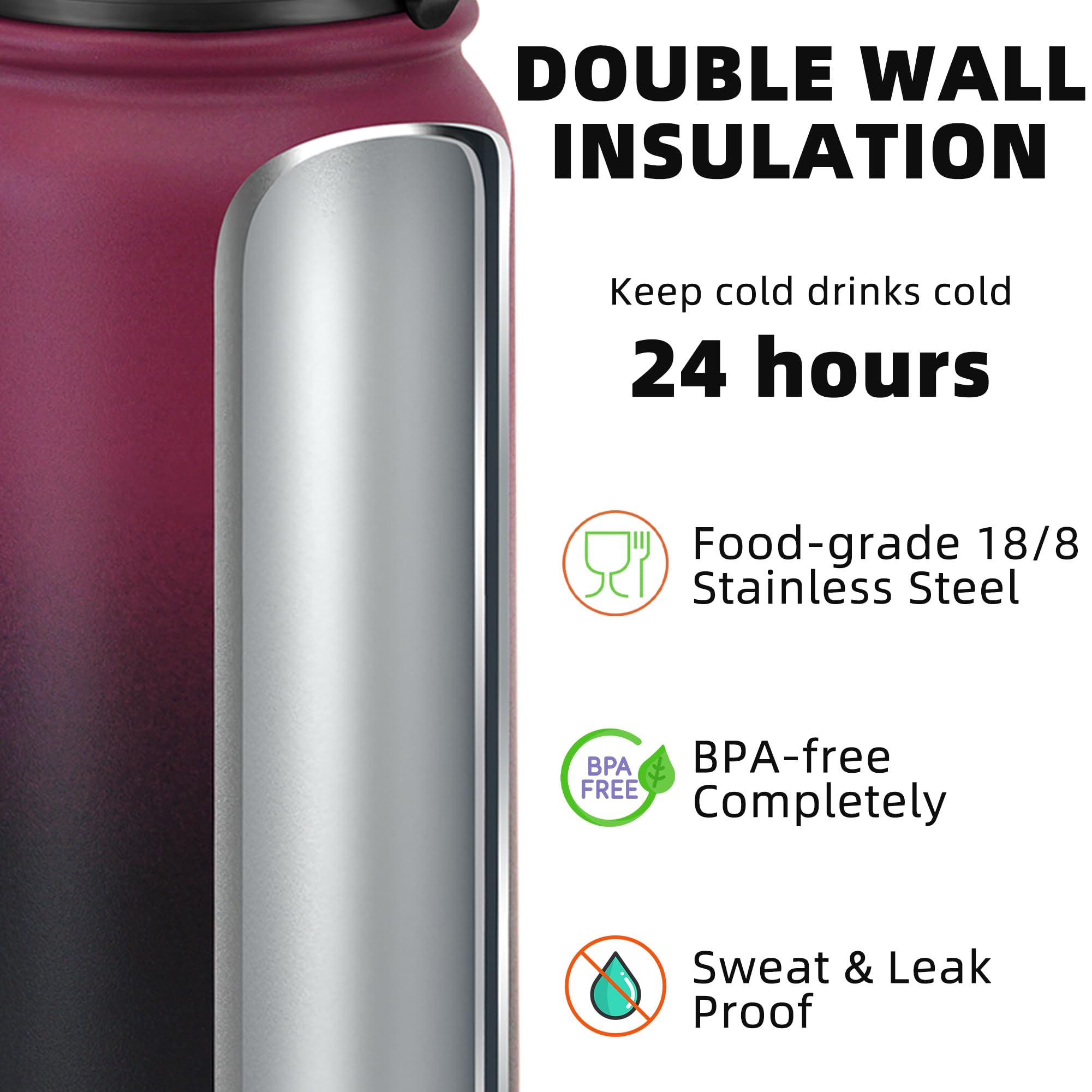 Fanhaw 1 L Insulated Stainless Steel Water Bottle with 1 Lid (Chug Lid) - for Kids Women, Men, Red Black, 950 ml - Image 3