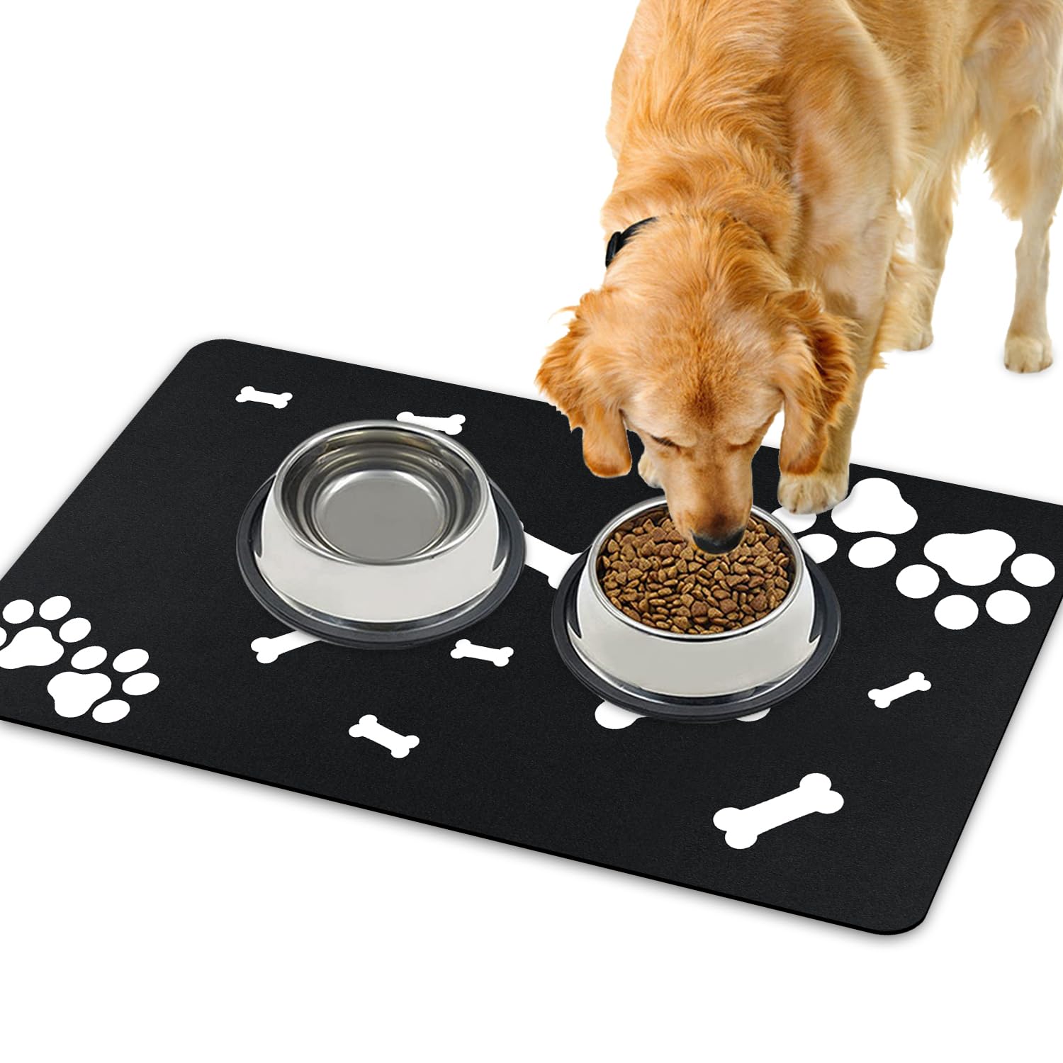 Tapis de nourriture pour chien noir 43x75cm à motif os