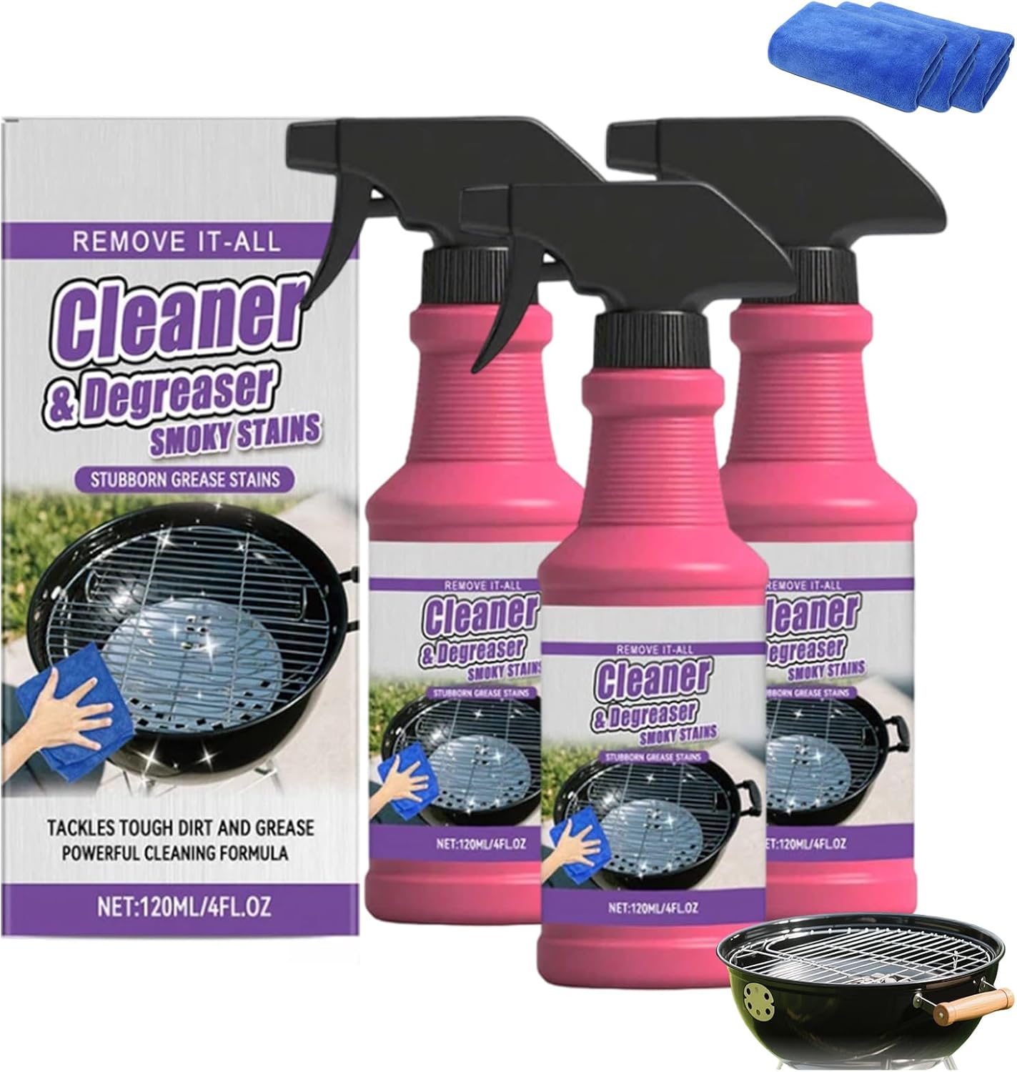 Fast-Acting Heavy-Duty Grill Degreaser Spray, BBQ Grill Cleaner,Grill Cleaner for Outdoor Grills,Safe Heavy Duty Cleaner for Burnt Food & Grease, 4fl.Oz (3pcs)