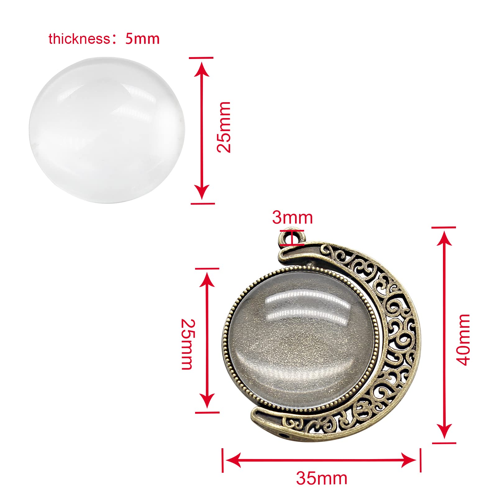 Unlorspy 30Pcs 10Sets Moon Rotation Double Side Pendant Trays,10Pcs 25 mm Moon Rotation Alloy Double-Sided Trays Pendants with 20Pcs Glass Cabochons Clear Dome for DIY Making (Silver and Bronze)
