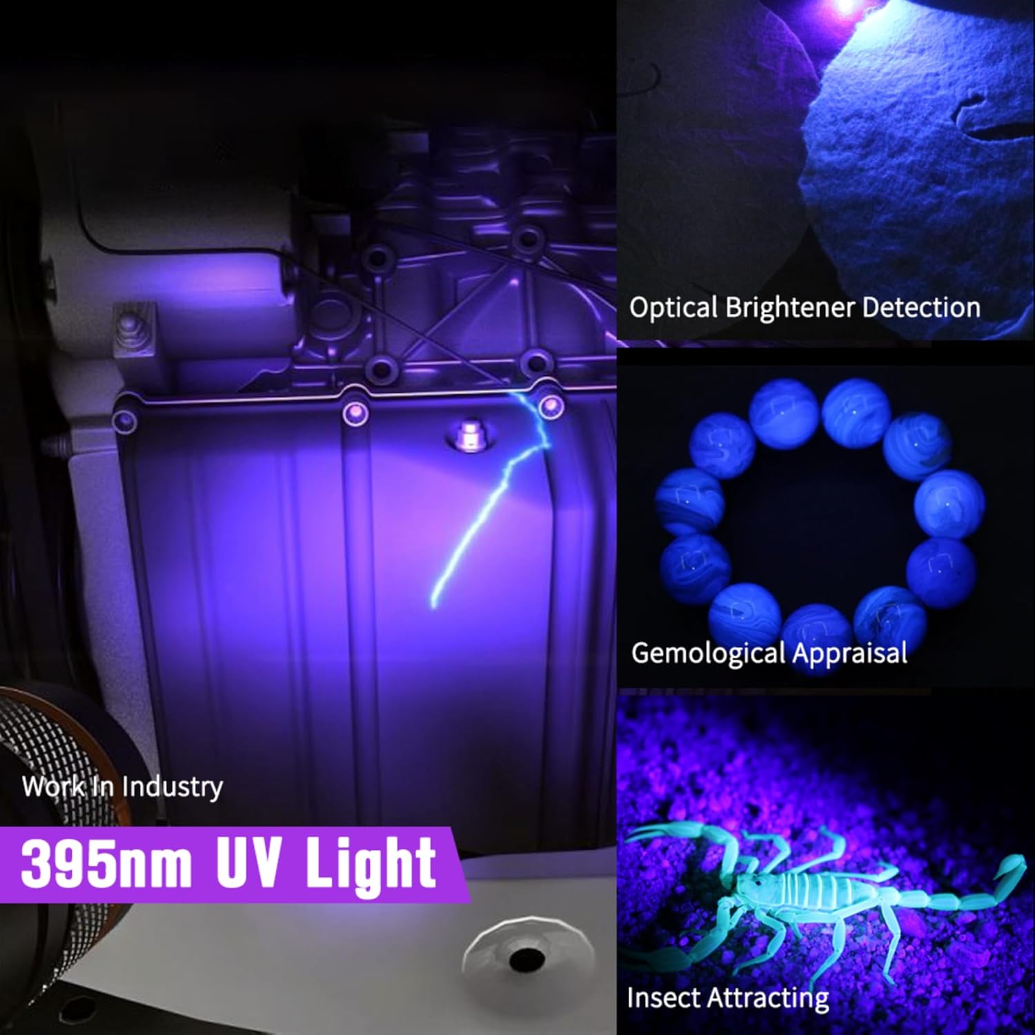 Collage of images showing various applications of 395nm UV light, including industrial work, optical brightener detection, gemological appraisal, and insect attracting