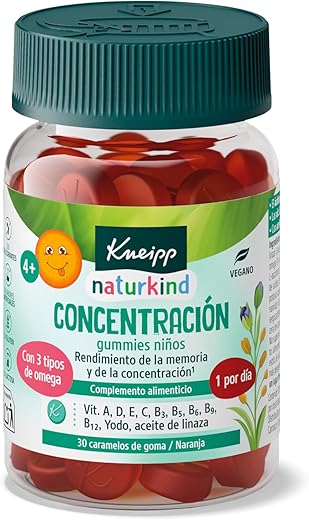 Kneipp Gummies Niños Concentración, Vitaminas A, D, E, C B3, B5, B6, B12, Ácido Fólico, Iodo, Aceite de Linaza: Omega 3, 6 y 9, Rendimiento Intelectual, Sistema Nervioso, Sabor Naranja, 30 Gominolas