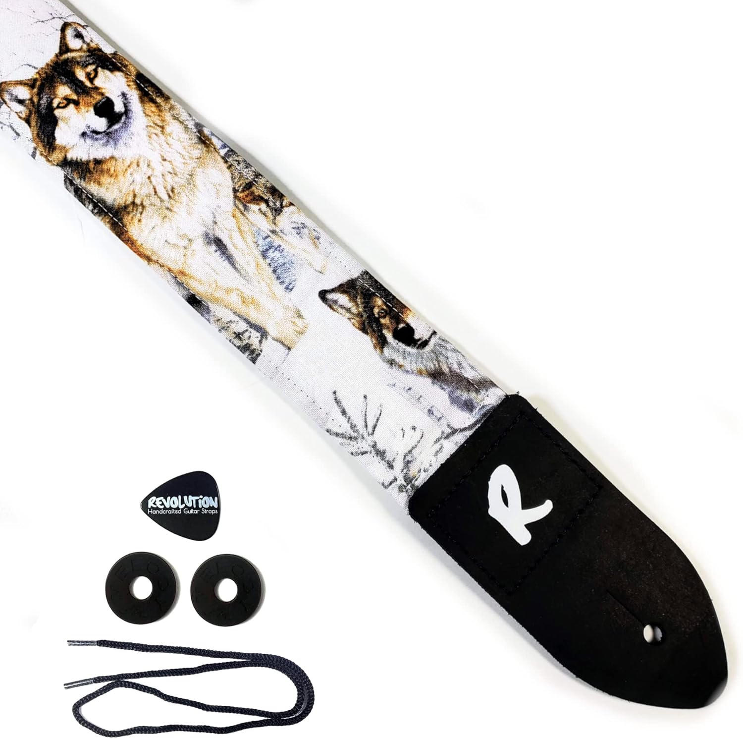 Wolf Snow Guitar Strap - Snowy Wolves, Genuine Leather Ends, Includes 2 Strap Locks & 1 Pick. Adjustable Strap, Pick Pocket, For Bass, Electric & Acoustic Guitars Gift for Guitar Players Men, Women