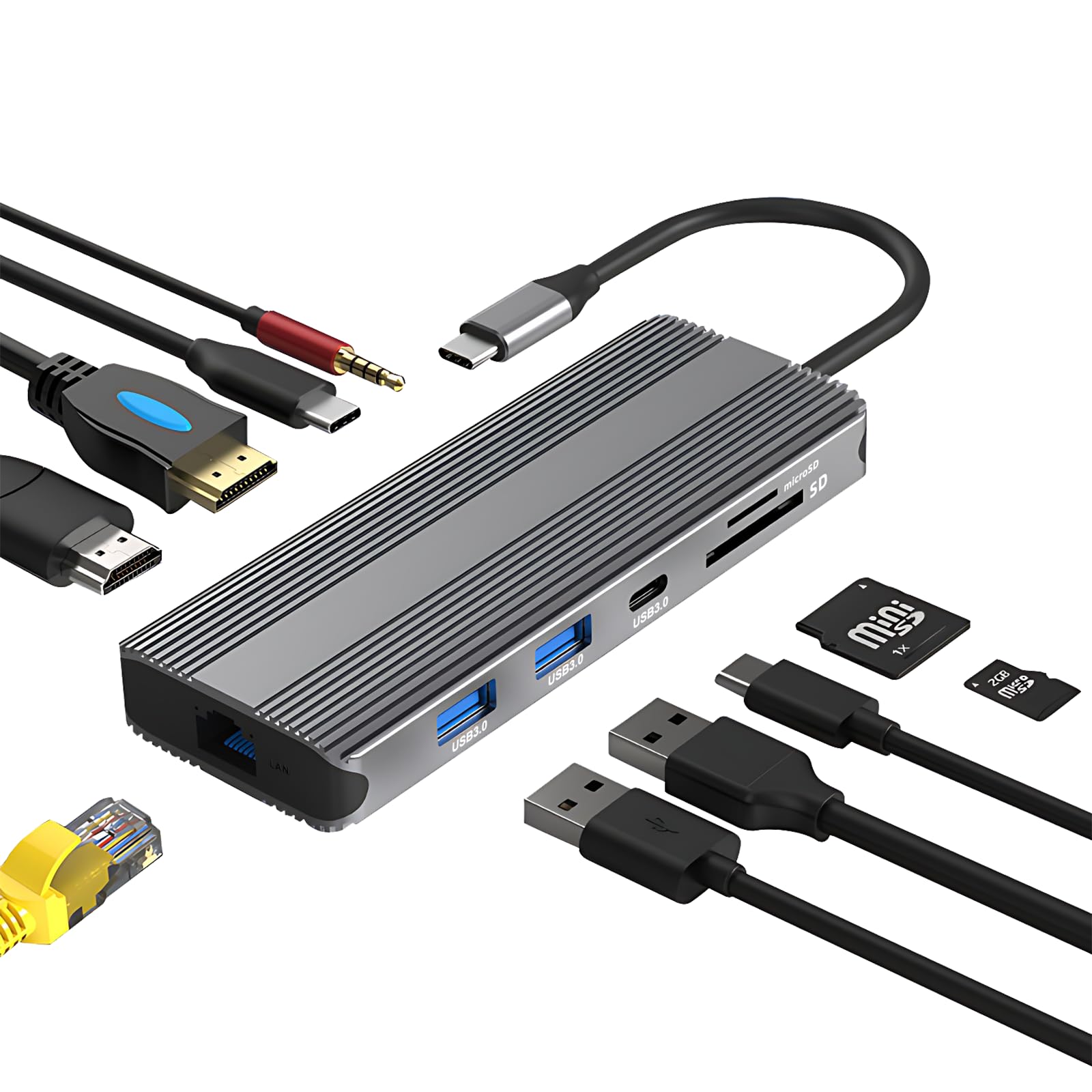 10 in 1 USB-C Dockingstation mit Dual 8K HDMI, 5Gbps USB 3.0, 100W PD Laden, Gigabit Ethernet, SD/TF Kartenleser, Audio, Kompatibel mit Windows/macOS/Linux