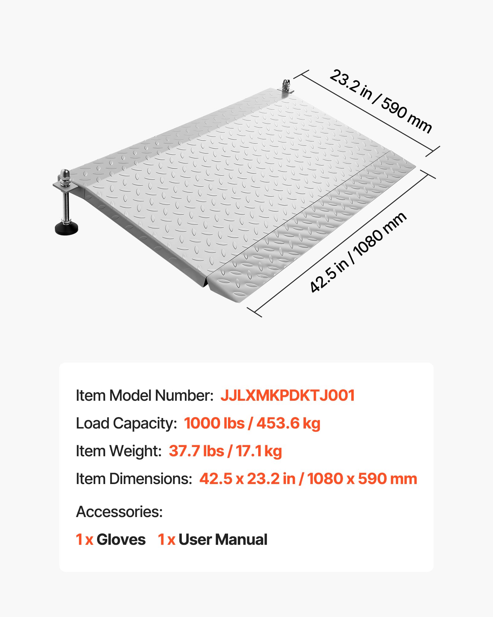 VEVOR Rampa para Silla de Ruedas de Acero al Carbono1080 x 590 mm, Rampa de Umbral Antideslizante, Plataforma Capacidad de Carga 453,6 kg para Garajes, Carretillas, Puertas, Scooters y Escalones