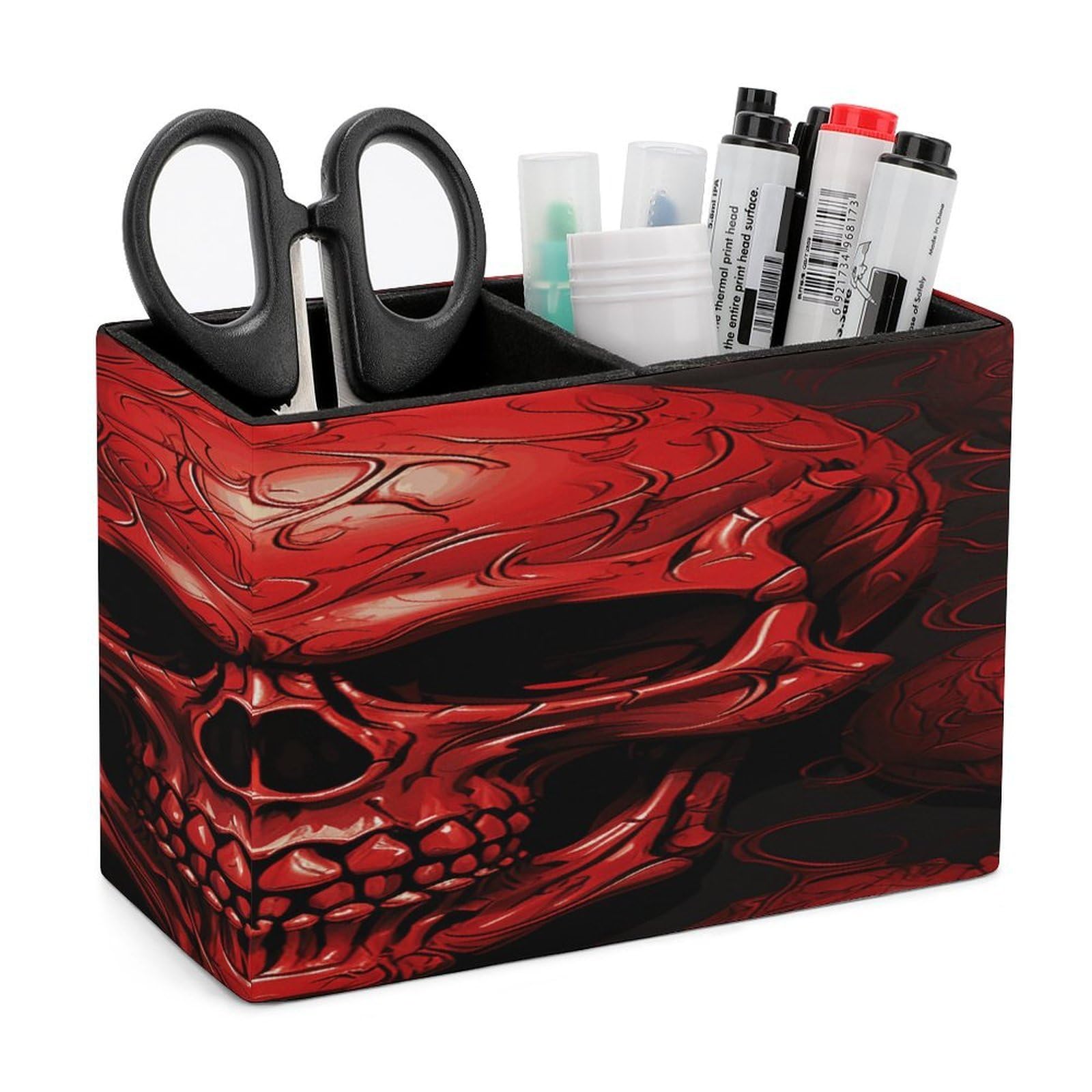 VstaDank Red Skulls Pencil Holder for Desk Organizer 2 Compartments Pen Cup Leather Square Pen Holder Pencil Cup Stand Makeup Brush Holders for Desktop Organizer Storage Case