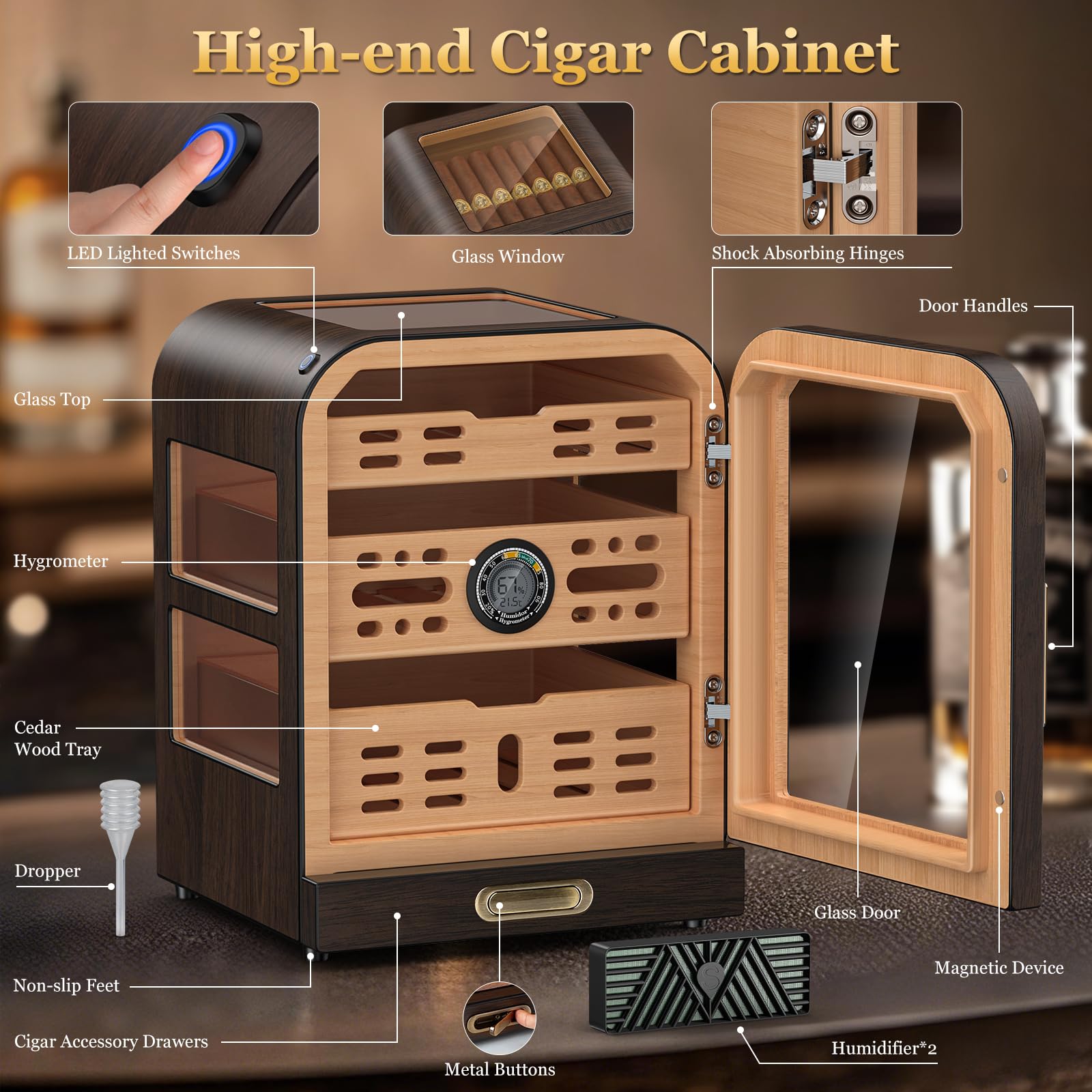 Zigarren-Humidor, 3 Seitenfenster, Humidor Zigarrenbox, Zedernholzschublade Zigarrenschrank, mit LED-Beleuchtungssystem, digitalem Thermometer und 2 Zigarren-Luftbefeuchtern