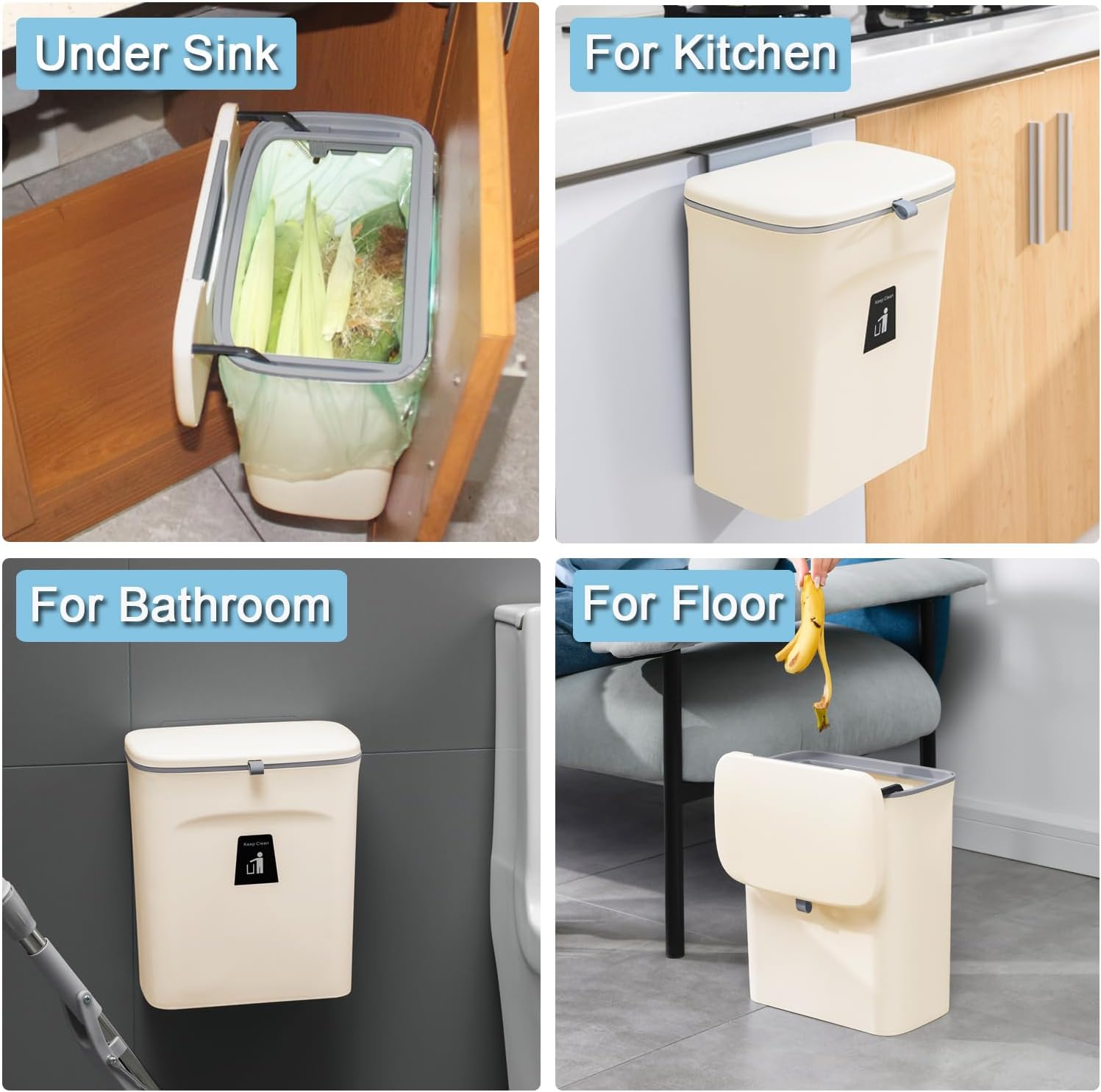 Tiyafuro 2.4 Gallon Kitchen Compost Bin for Counter Top or Under Sink, Hanging Small Trash Can with Lid for Cupboard/Bathroom/Bedroom/Office/Camping, Mountable Indoor Compost Bucket, Beige