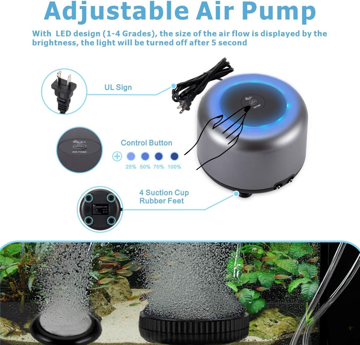AQQA Aquarium Air Pump, 2 Air Outlets Oxygen Bubbles Pump High Energy Saving Adjustable Air Flow Ultra Quiet Pump <30dB , for Up to 300/600 Gallon Fish Tank : Pet Supplies
