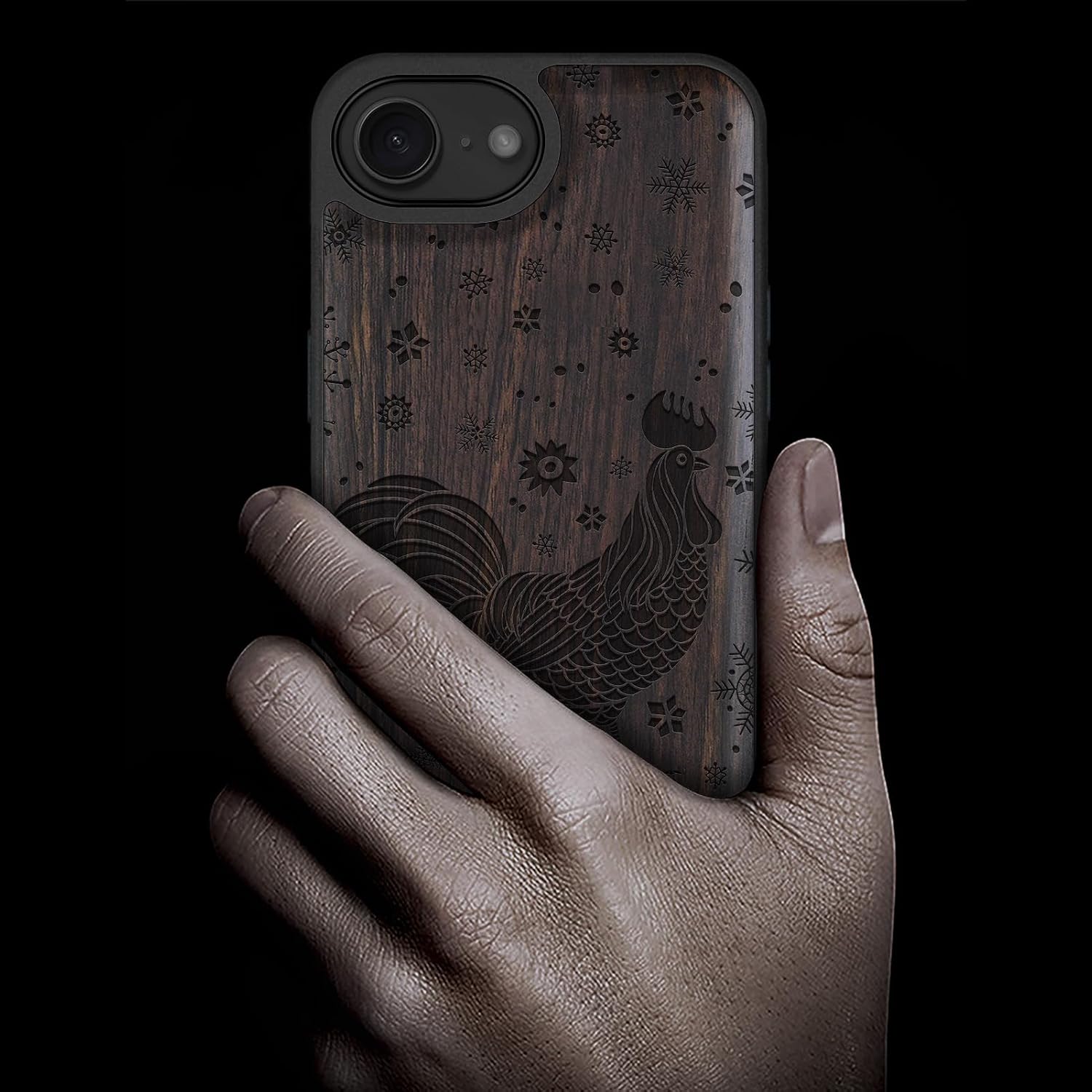 Carveit Magnetic Wooden Case for iPhone 16e / 17e, Solid Wood & TPU, Artisan Engraved Design, Shockproof Cover, Compatible with MagSafe Wireless Chargers, Rooster Winter Spirit - Blackwood