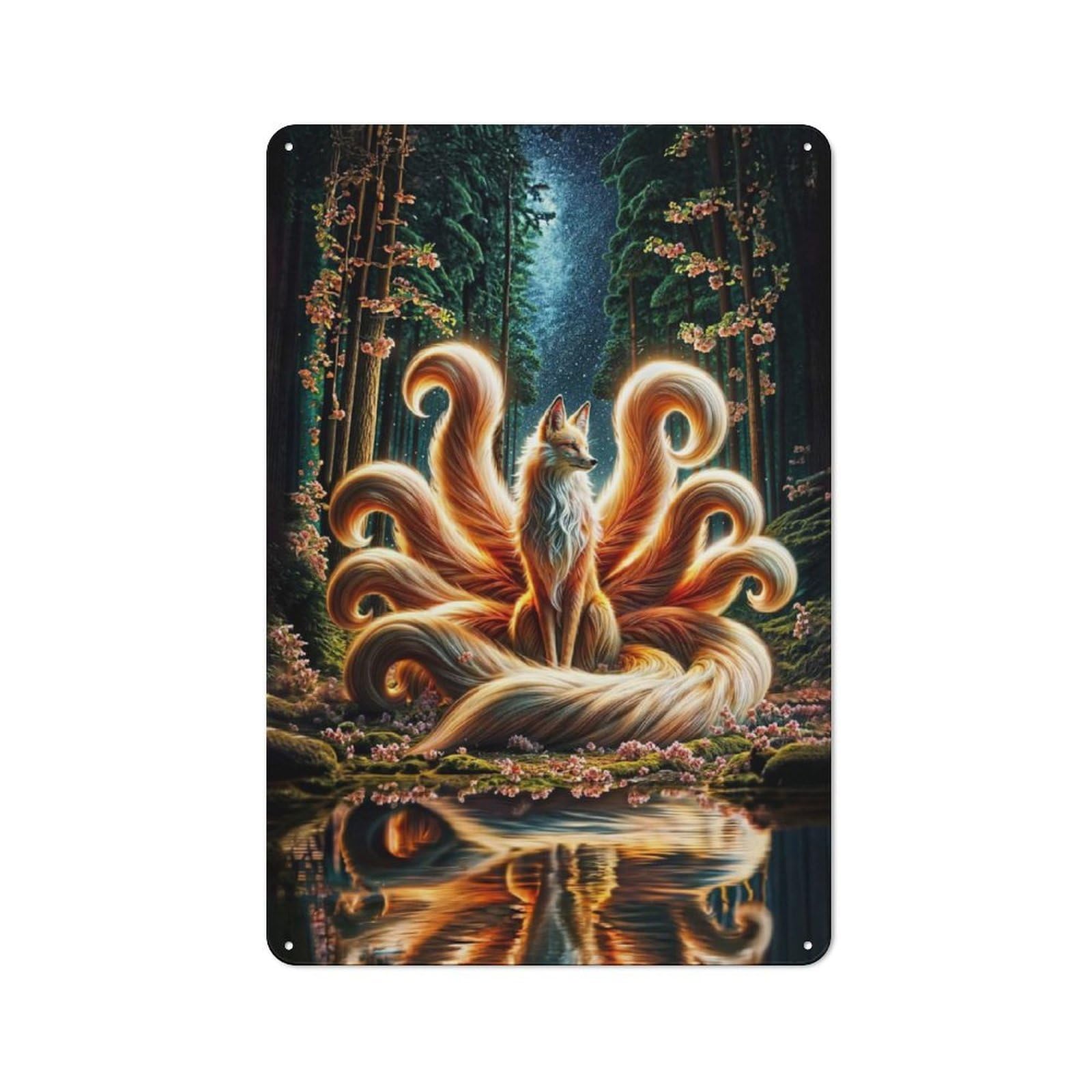 Junmoney Style-8 Metal Wall Plaque With Nine-Tailed Fox In Forest Design 30X20cm, Simple Retro Creative Space Decor For Office, Study, Studio Or Hallway