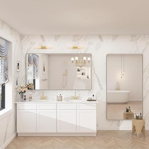 Miniatura 5 de Espejo de baño plateado de 55 x 30 pulgadas para pared, espejo de tocador de baño con marco plateado de metal cepillado, espejo rectangular de