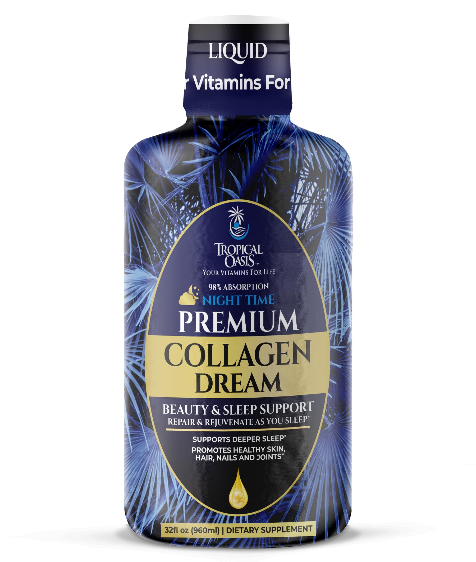 Tropical Oasis Collagen Dream - Nighttime Sleep & Beauty Supplement -Supports Deeper Sleep & Promotes Healthy Skin, Hair, Nails, & Joints, Zero Sugar, Non-GMO, Gluten-Free - Peach Mango Flavor