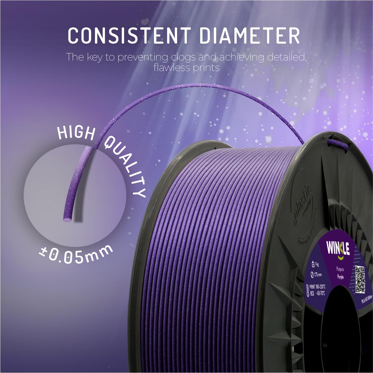 WINKLE Filament PLA HD Glitter (cząstki) fioletowy | Filament do drukarki 3D | filament PLA 1,75 mm 300 g | dokładność wymiarowa | fioletowy PLA | wygląd brokatu | cewka 300g