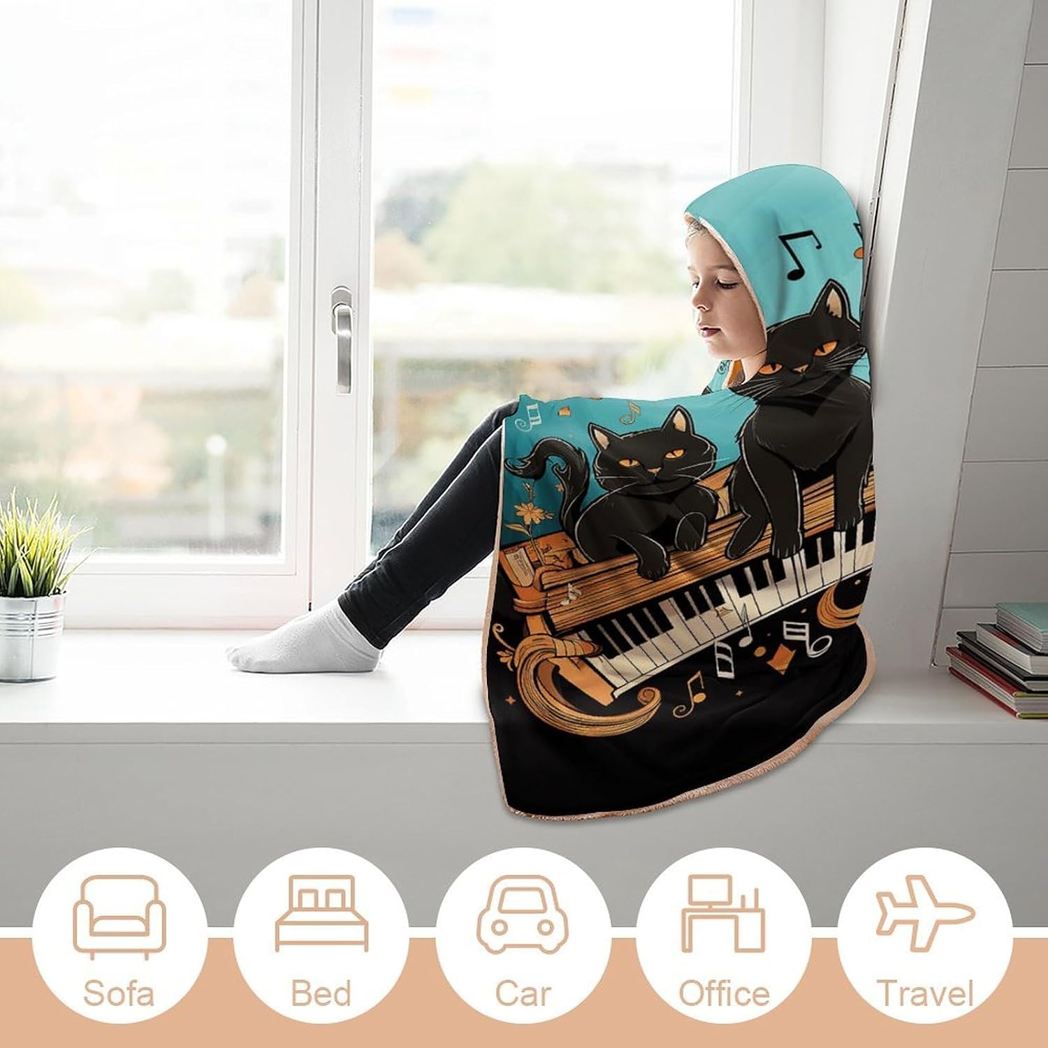 Four Black Cats Lying on The Piano Keyboard Hooded Blanket Cozy And Functional,Wearable Blanket Hoodie for Women Men,Blanket Poncho Presents60 x80