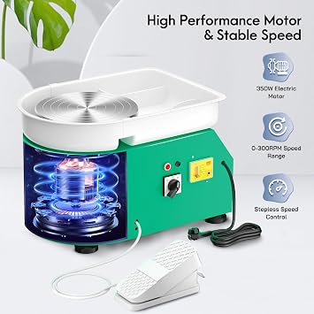 Electric Pottery Wheel, 350W & 25CM Aluminum Turntable Pottery Wheel with Removable ABS Basin, Foot Pedal and Shaping Tools, Pottery Wheel Forming Machine for DIY and Pottery Studio (Green)
