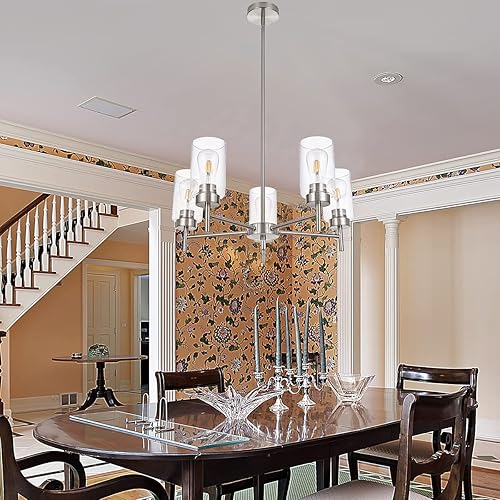 Miniatura 5 de Candelabro de granja de 5 luces para comedor, isla de cocina, modernos candelabros colgantes de níquel cepillado con pantallas de vidrio