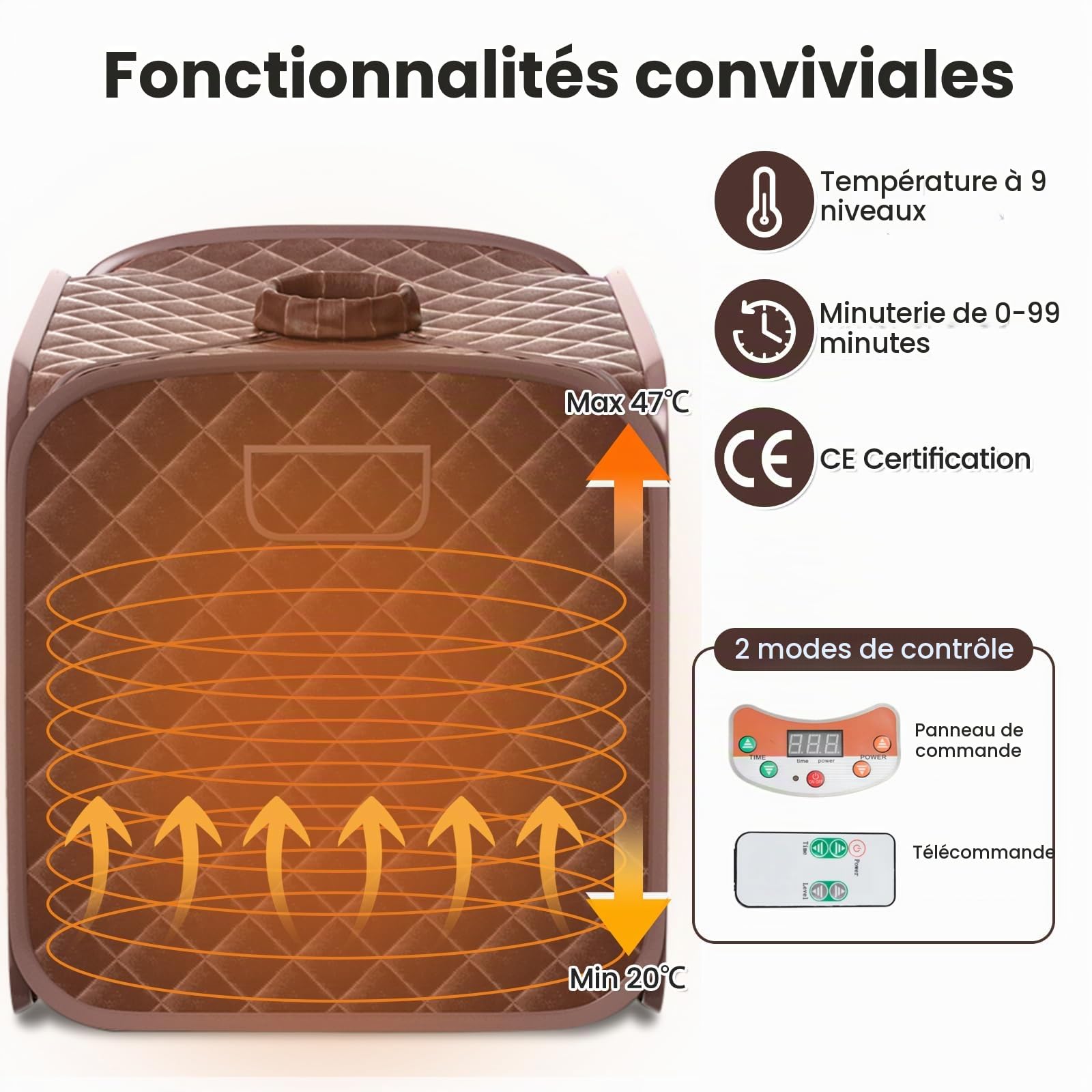 HOMASIS Sauna à Vapeur Portable, Tente de Sauna Chauffante Mobile avec Générateur de Vapeur 2L,Télécommande,Température et Minuterie,Chaise Pliante et Appareil de Massage des Pieds (marron)