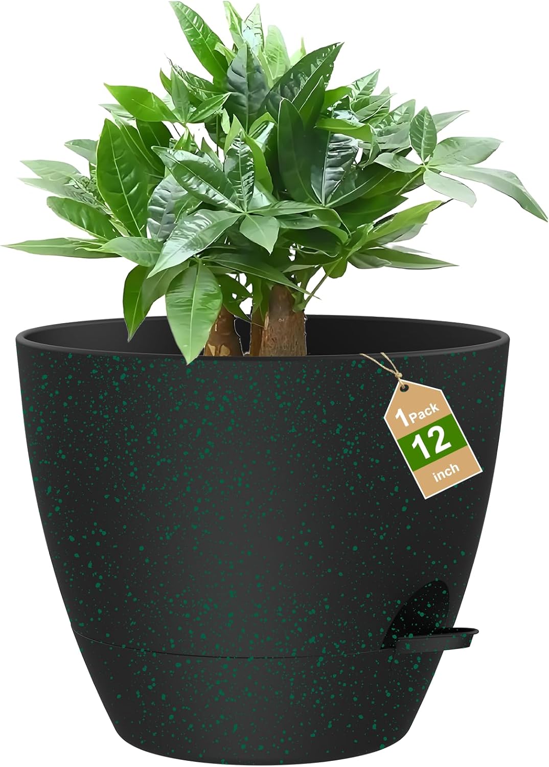 12 Inch Large Self Watering Pots, Flower Pots with Multi-Mesh Drainage Holes and Saucer, Planters for Indoor and Outdoor Garden Plants (Speckled White)