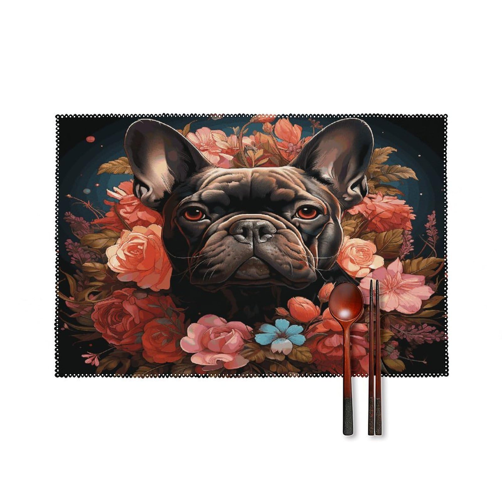 Fekiloot Style Bulldog And Flowers Placemats Set Of 6,Table Mat