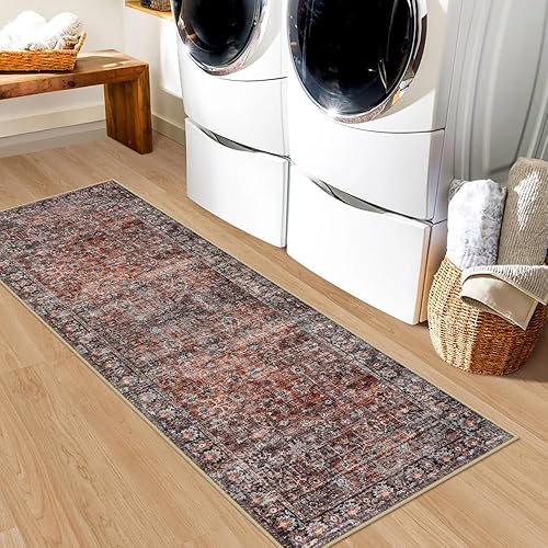 Miniatura 8 de LIVEBOX Alfombra de pasillo de 2 x 6 pies, estilo bohemio, alfombra de cocina, alfombra larga de pelo bajo, alfombra roja para dormitorio, alfombra