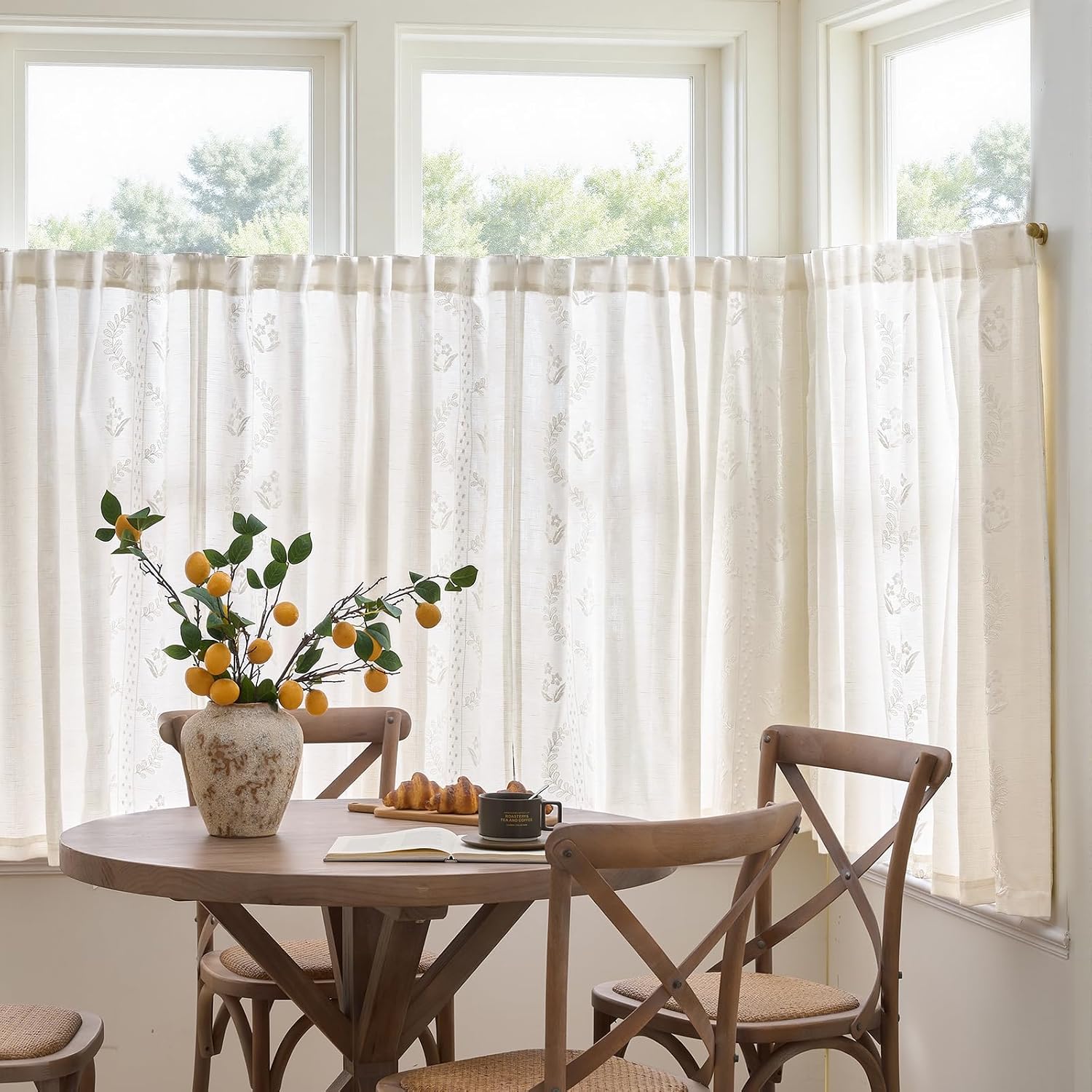 jinchan Belrose Linen Floral Cafe Curtains 45 Inch Length Embroidered Farmhouse Curtains for Kitchen Bedroom Bathroom Small Windows Curtain Set Light Filtering 2 Panels White