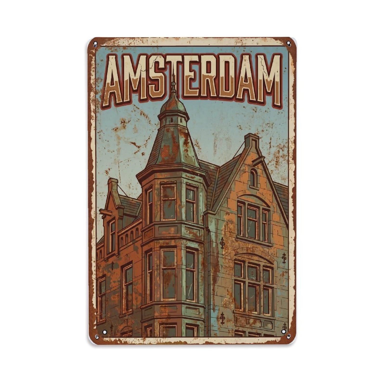 Vintage Travel Turret Netherlands Corner Metal Tin Sign Plaque Wall Decor for Cafe, Club Bar, Office, Home Garden Metal Poster 8x12Inch