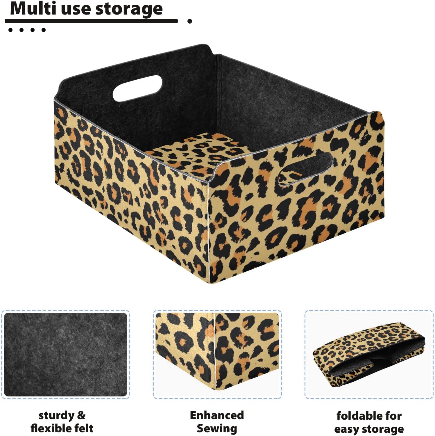 CaTaKu Foldable Storage Basket Leopard Pattern Collapsible Felt Storage Bins with Handle Drawer Organizer Bin Cube Shelf Box for Organizing Closet Clothes Office Books Bedroom