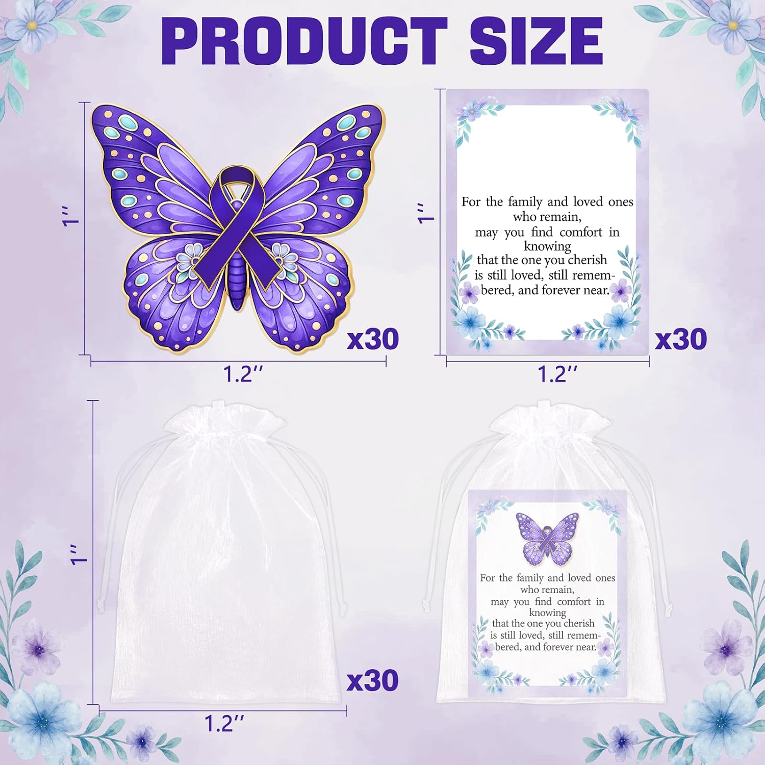 30Sets Funeral Guests Favors Bulk: Purple Butterfly Brooch Pins with Memorial Cards, Celebration of Life Thank You Gifts