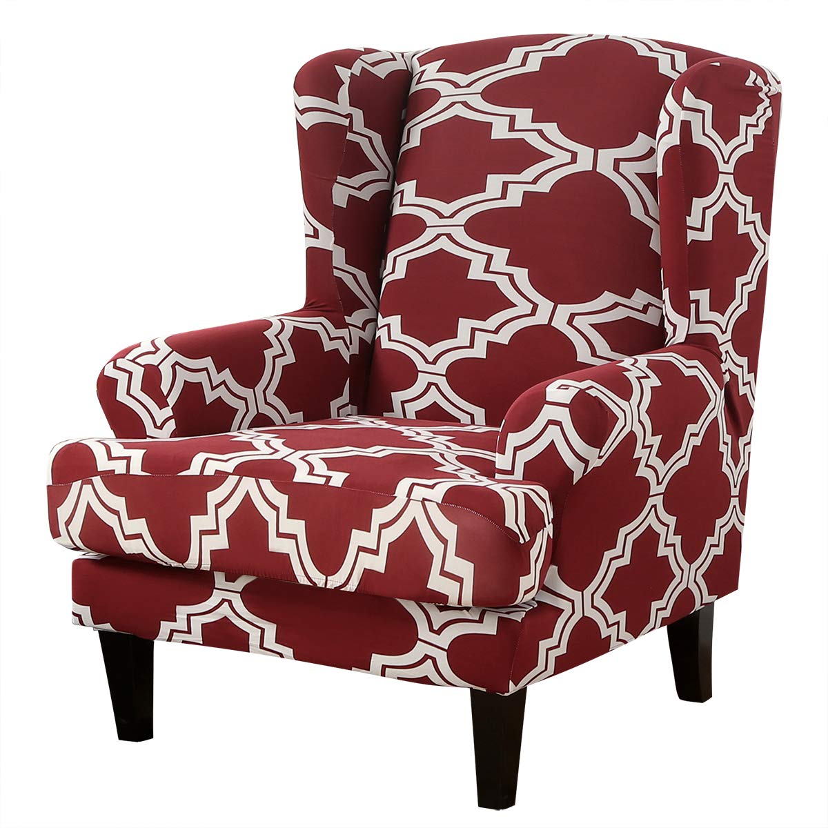 TOPCHANCES Fodera Per Sedia Wingback 2 Pezzi: Elastam Rosso Scuro Con Fodera Cuscino, Antiscivolo, 360° - 2