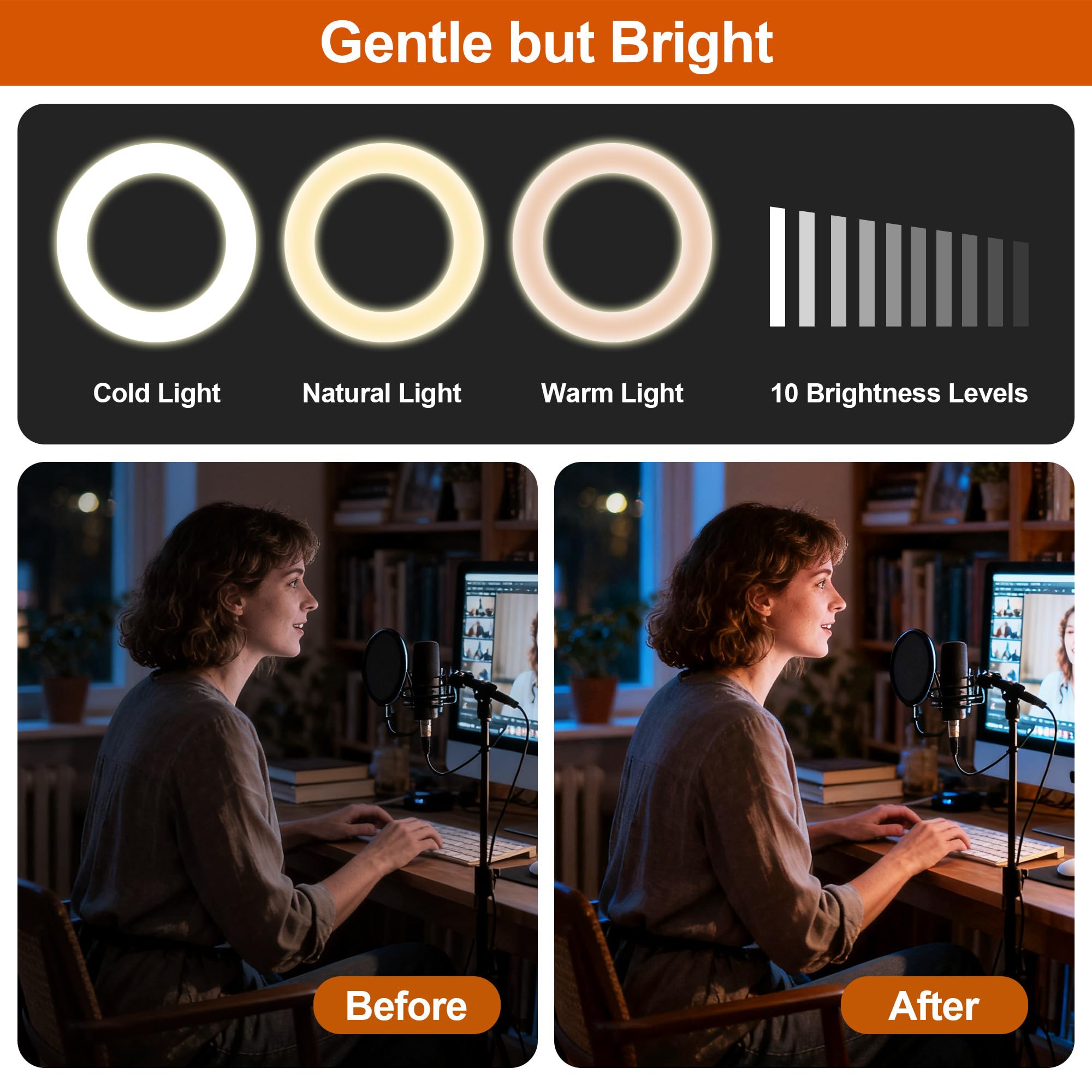 Luce ad anello con treppiede, anello a LED da 6 pollici, con 3 colori di luce e 10 livelli di luminosità, lampada selfie per computer portatile, ideale per videoconferenze, streaming, zoom, Youtube