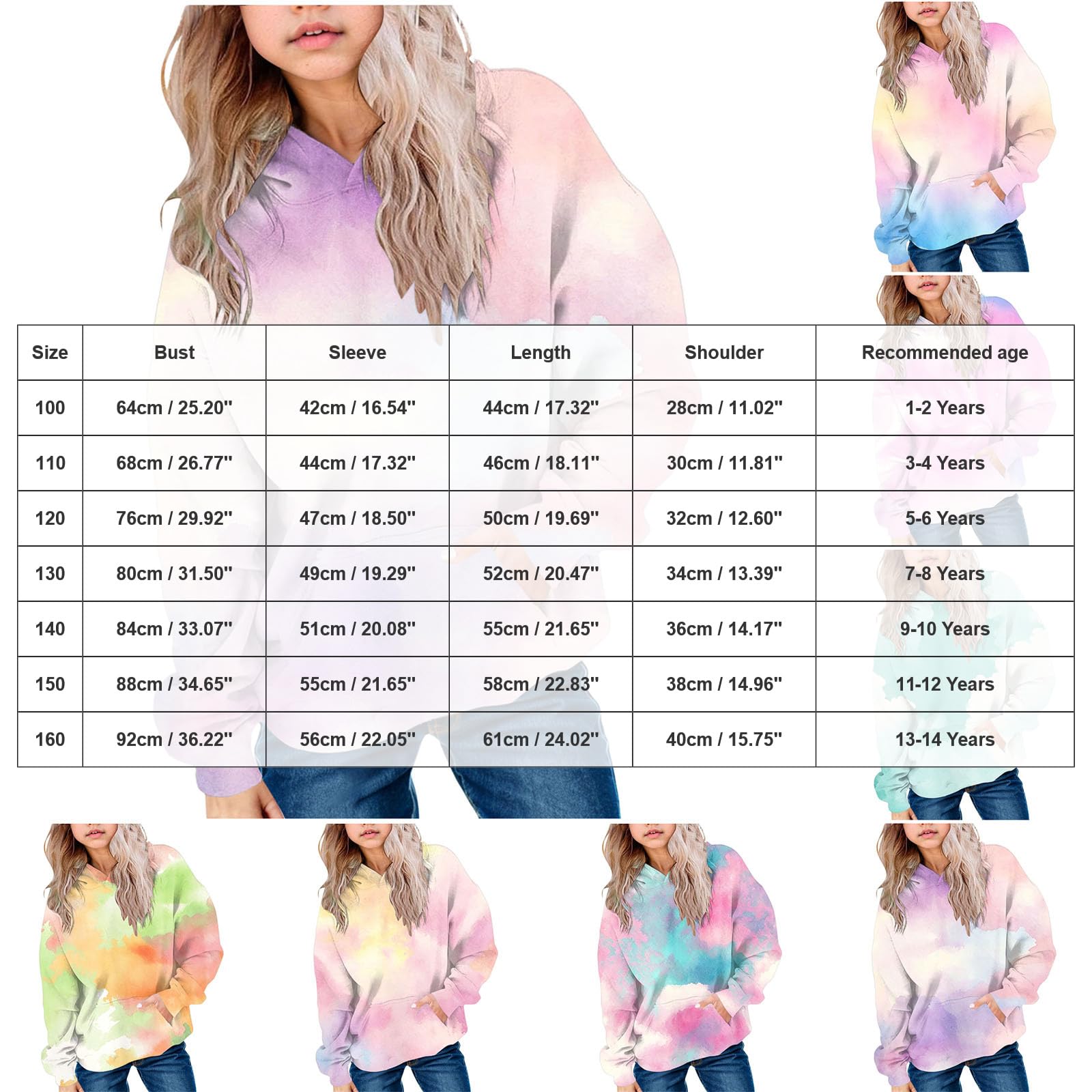 Felpa con Cappuccio Oversize Tie Dye per Bambini, Stile Autunno/Inverno, alla Moda, Sportiva. Felpa Bambina Senza Cappuccio