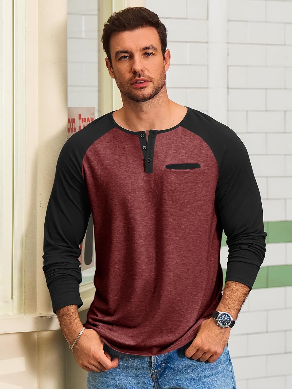 Runcati Mens Henley Shirts Raglan Long Sleeve Casual T-Shirts Color Block Button Shirt Vintage Tops with Pocket - Image 4