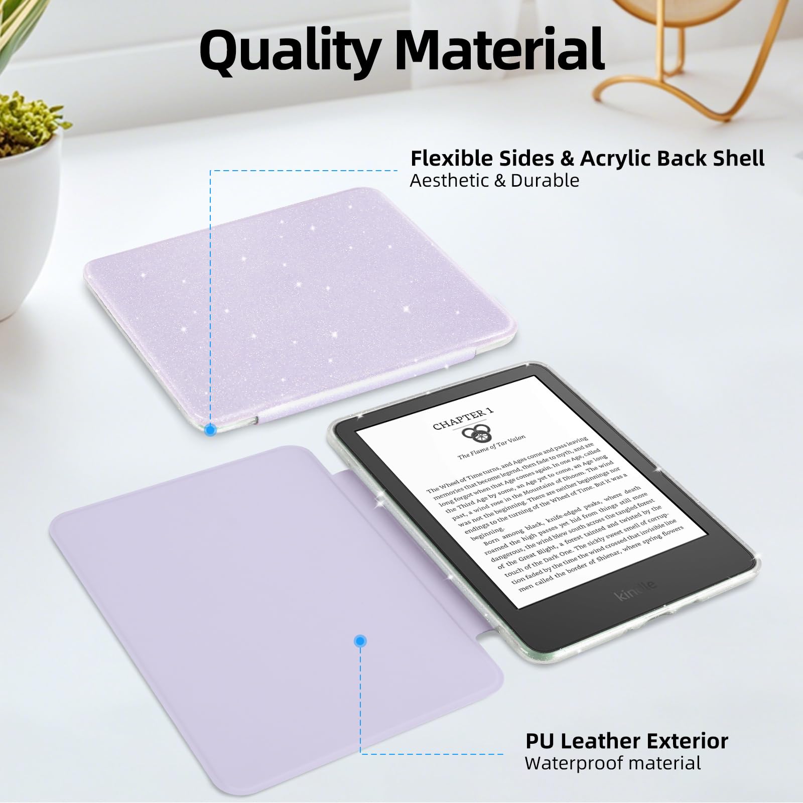 Glitzer-Schutzhülle für Kindle 11. Generation 2024/2022, 15,2 cm (6 Zoll), leichtes PU-Leder und transparente harte Rückseite, mit automatischer Sleep/Wake-Funktion, Glitzer-Violett