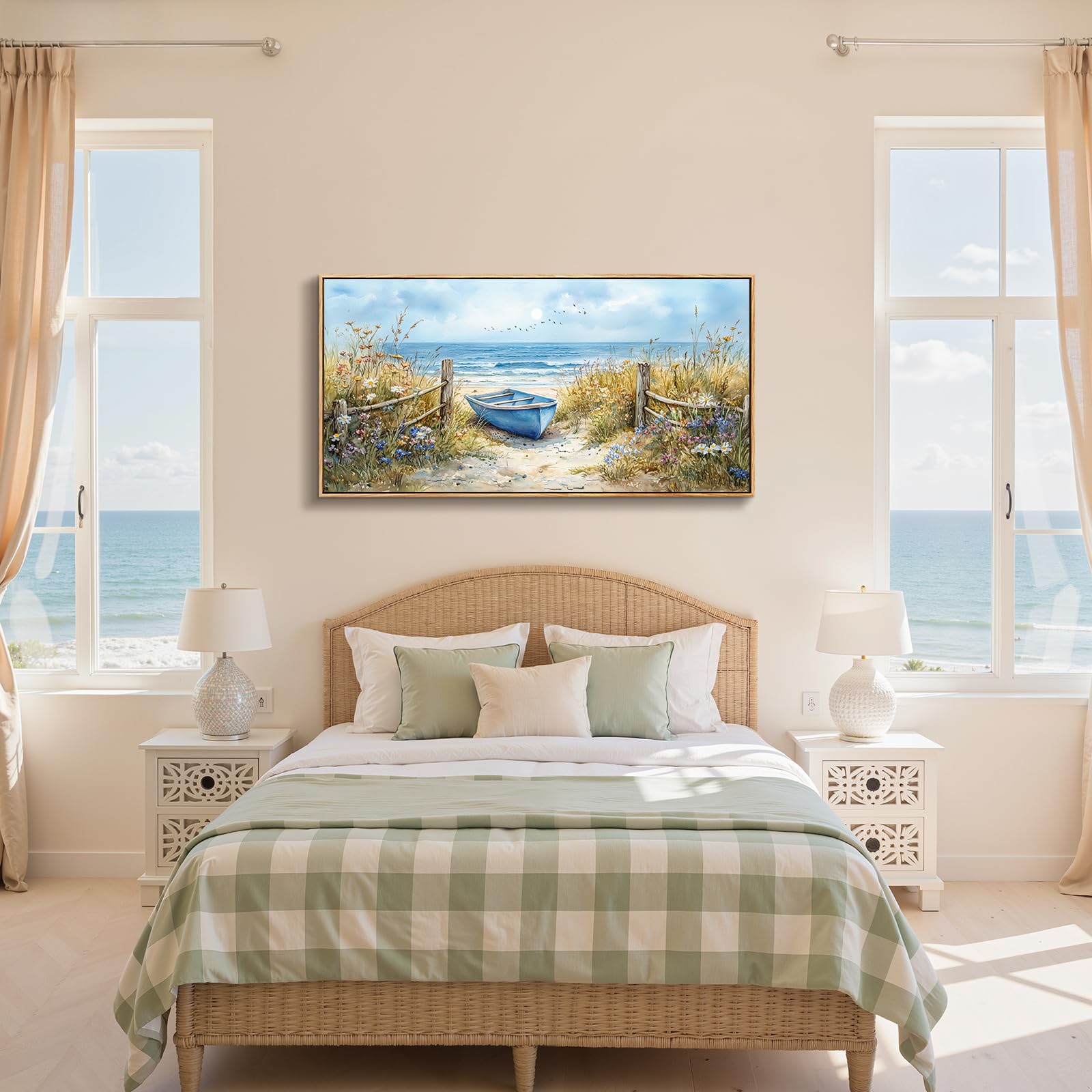 JHHUAMO Strandboot Bilder mit Rahmen Schlafzimmer Wohnzimmer 73x146 cm | Küstenwildblumen Wandbild, Hochauflösender Druck, Exquisite Handwerkskunst, Einfaches Aufhängen, Vielseitig Einsetzbar