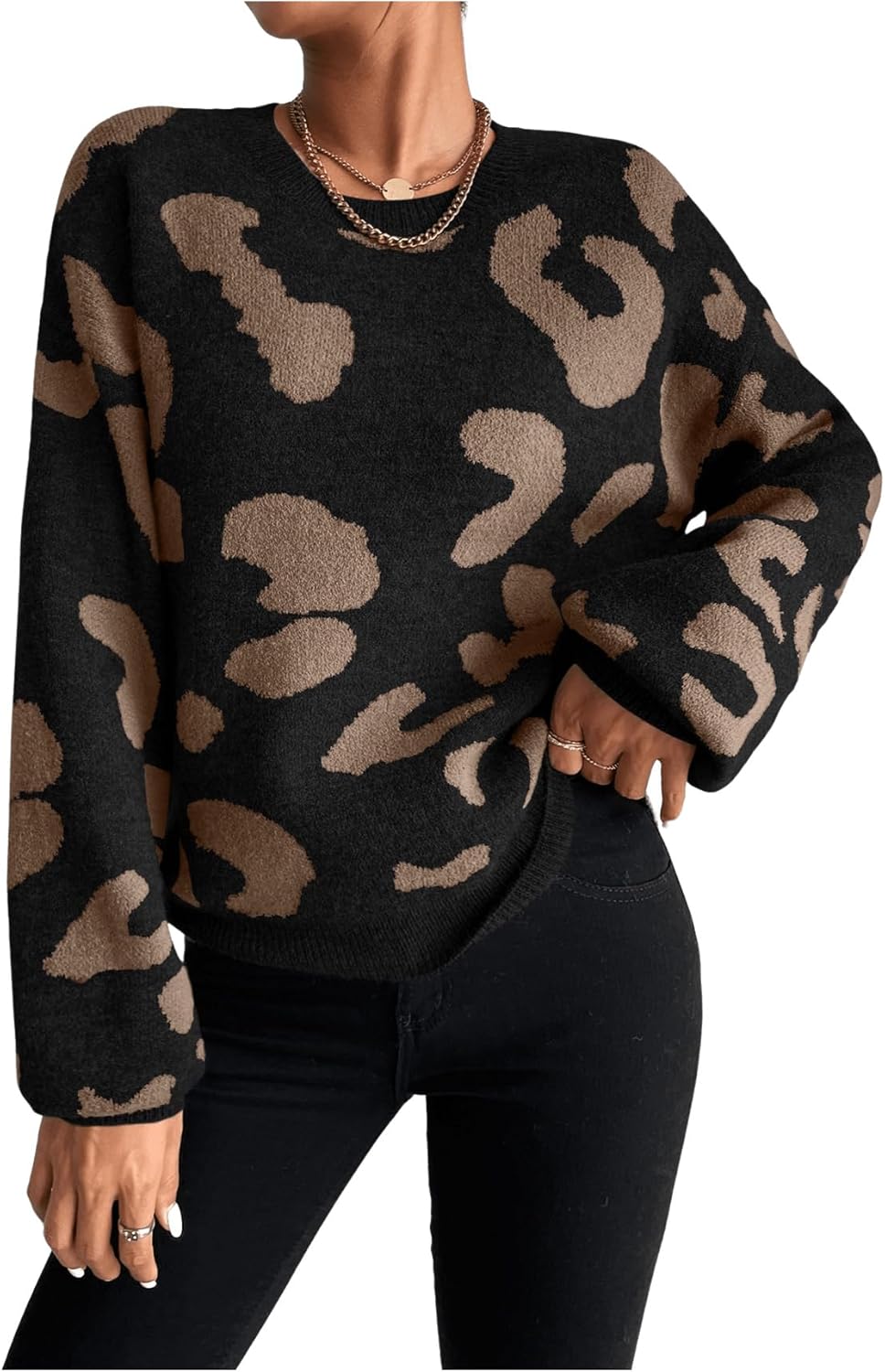 WDIRARA Women's Leopard Sweater Crew Neck Long Sleeve Vintage Knit Pullover Tops