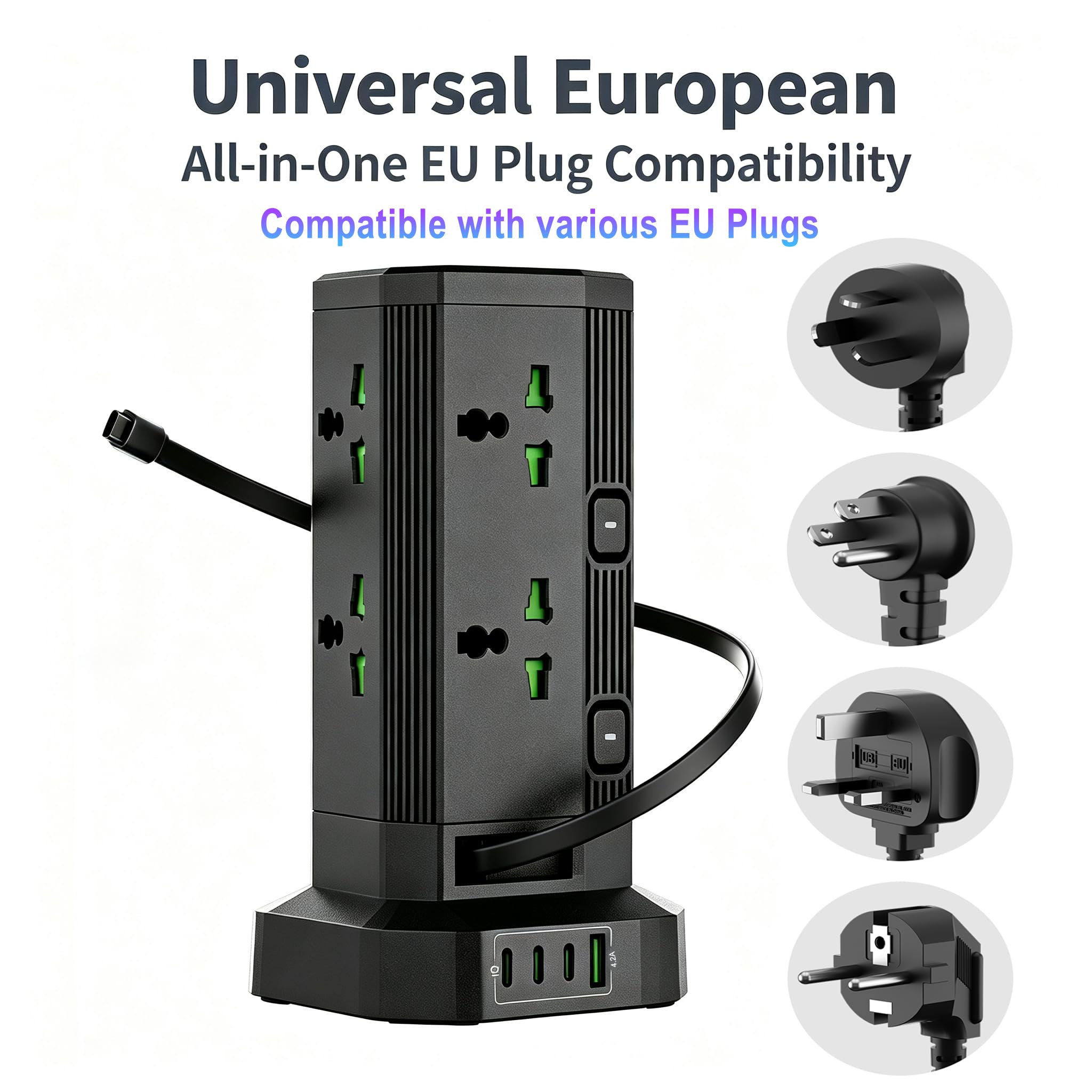 Multiprise avec 4 USB,Tour Multiprise avec câble rétractable Type-C