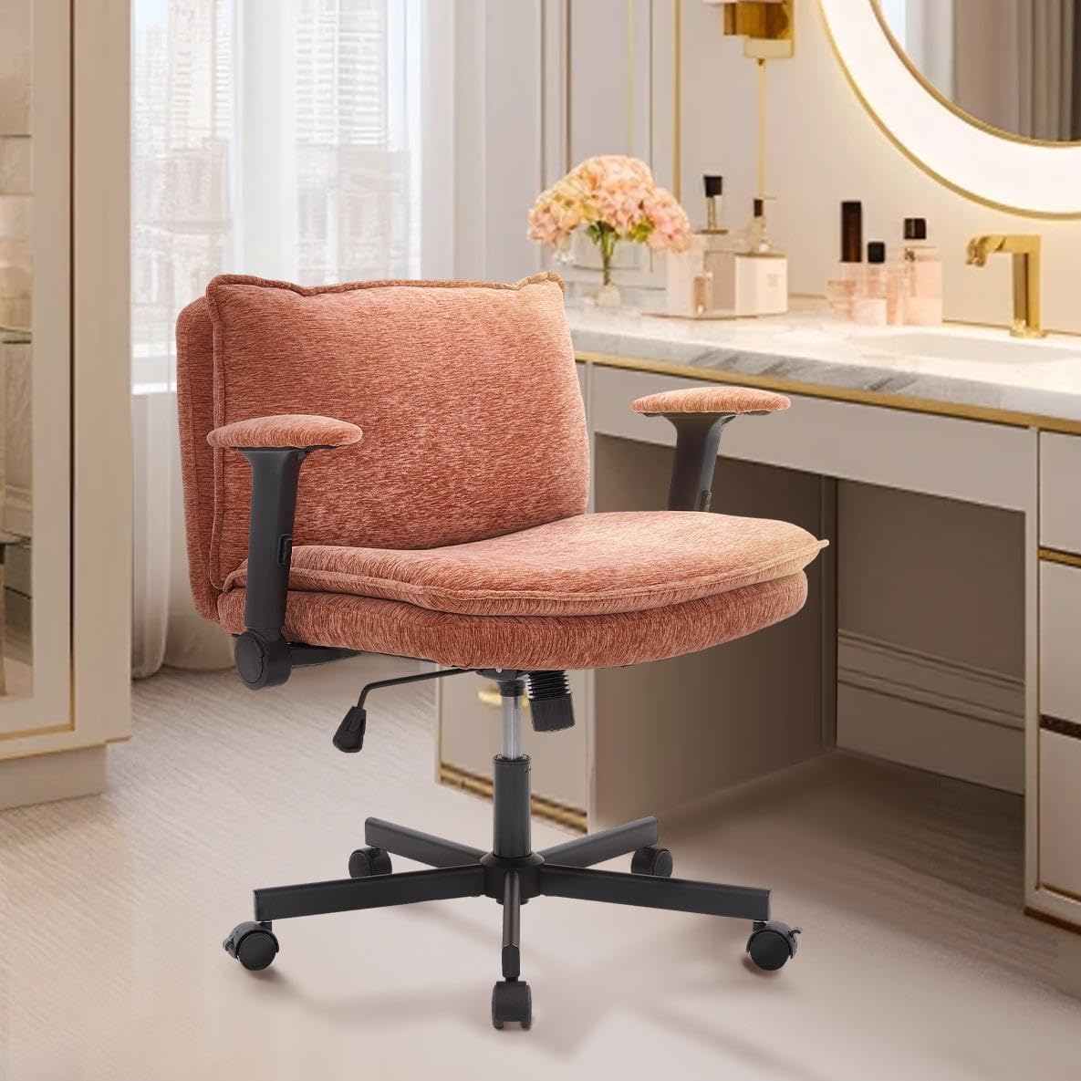 Criss Cross Desk Chair with Wheels and Arms Adjustable Vanity Desk Chair with Back 25" Swivel Computer Chair with Cushion Modern Comfy Office Desk Chair for Bedroom, Accent, Apartment, Orange