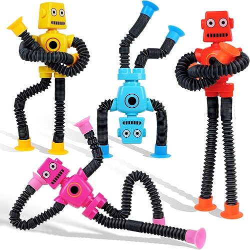 Ochine Paquete de 4 juguetes robóticos telescópicos con ventosa, juguetes para ansiedad que cambian de forma para niños pequeños, tubos de