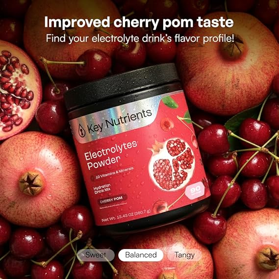 KEY NUTRIENTS Potassium Multivitamin Electrolytes, Cherry Pom, 90 Servings | Multivitamin Electrolytes Powder, Sweet Cherry Pom, Sugar Free, Sodium & Potassium Supplement, No Calories, Made in USA