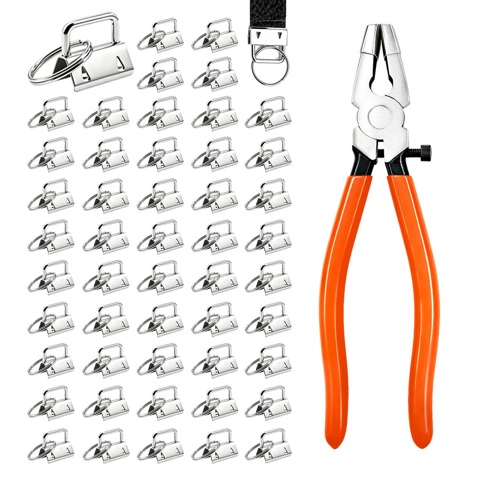 Key Fob Hardware Set, 50Pcs 1 Inch Silver Wristlet Clasp with Key Fob Pliers, Keychain Making Supplies and Tools for DIY Lanyard &amp; Wristlet Keychain Making