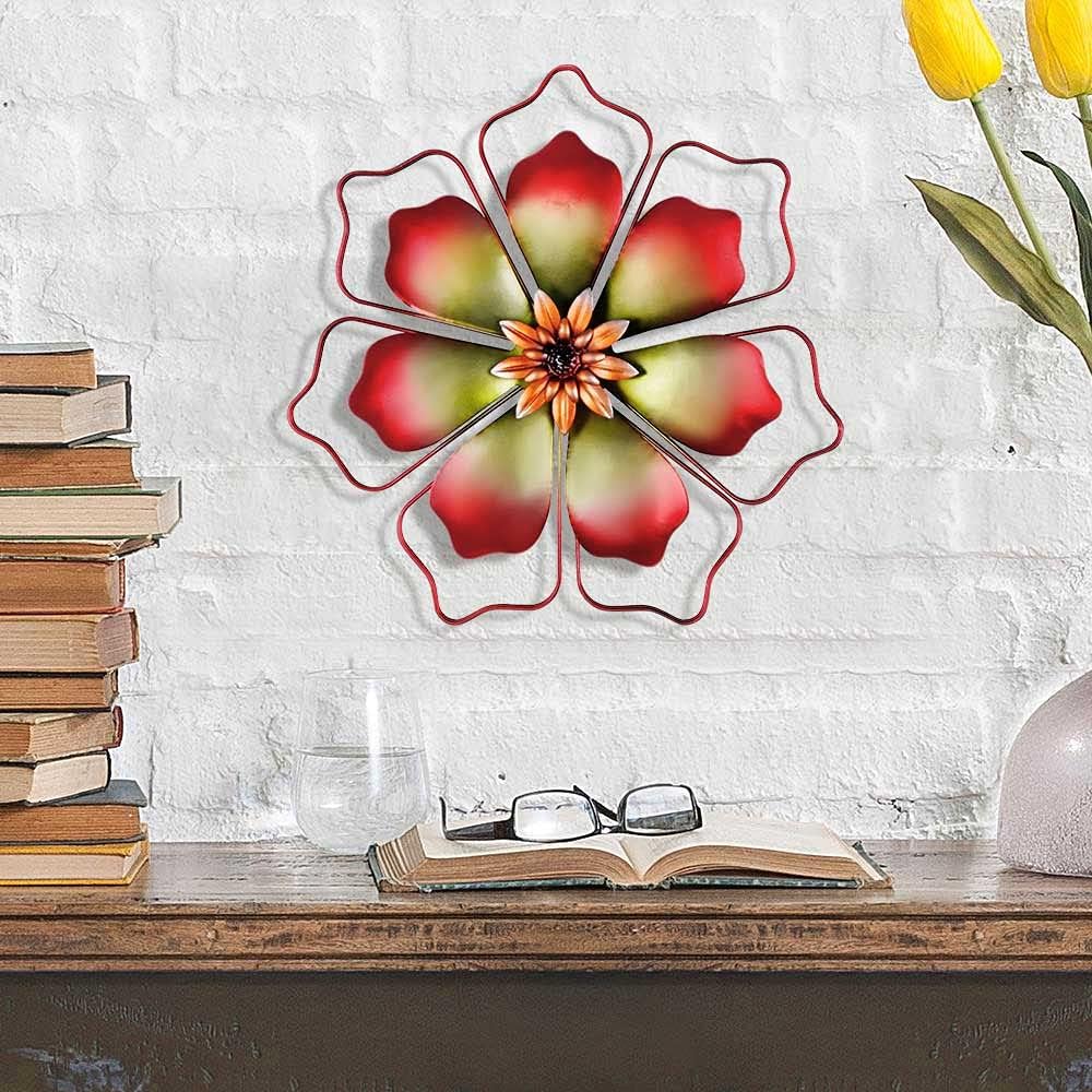 12" Metal Flower Wall Decor, Hand-Painted Red Wire Framed Flower Metal Wall Art, 3D Floral Wall Sculpture Hanging Decoration for Indoor and Outdoor