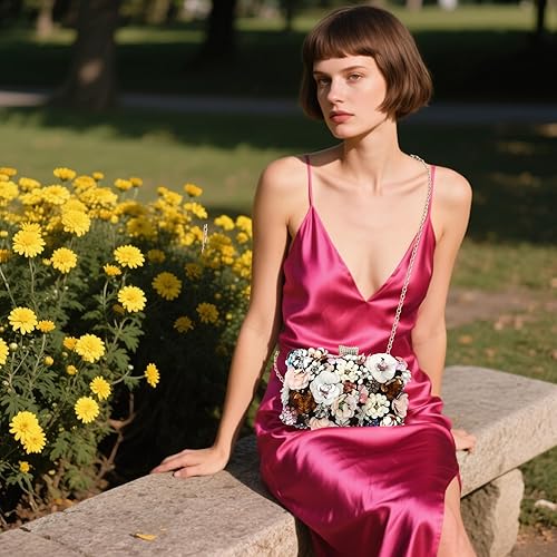 Miniatura 7 de Bolso de mano de noche floral para mujer - Bolso de flores coloridas con diamantes de imitación de metal