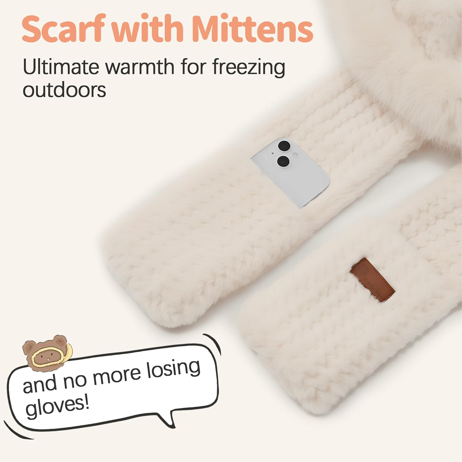 Babalet Hooded Scarf for Women, Winter 3-In-1 Fleece Scarf Hats, Cute Bear Ear Hooded Scarfs Beanie and Gloves - Image 3