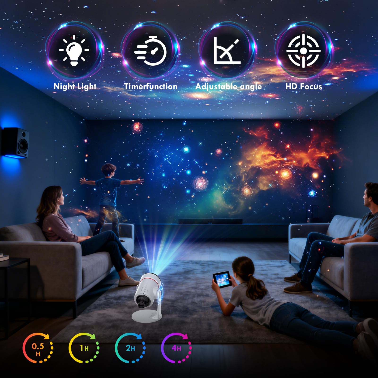Sternenhimmel Projektor,4K HD Realistisches Galaxy Planetarium Star Projector Lampe,Mit Zeitschaltuhr und 10 Sternenszenen,360° Rotating Mist Sternenprojektor Für Schlafzimmer,Party, Decke