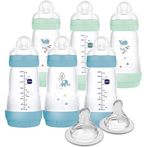 MAM 9oz Easy Start Anti-Colic Baby Bottle, Medium Flow with 2X Bonus Nipples, Breastfeeding-Like Silicone Nipple Bottle, Reduces Colic, Gas, & Reflux, Easy-to-Clean, BPA-Free, 2 Plus Months