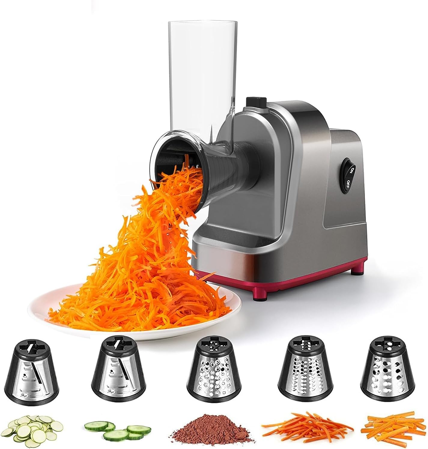 Electric Cheese Grater Vegetable Slicer - 250W Electric Rotary Grater Chopper Salad Maker with 4 Stainless Steel Drums for Cucumber, Carrot, Potato, Nuts, Chocolate